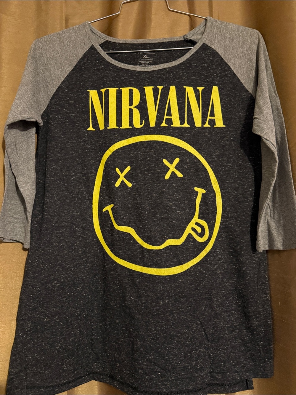 2014 NIRVANA Black & Gray baseball Tee with Yellow logo licensed merchandise.